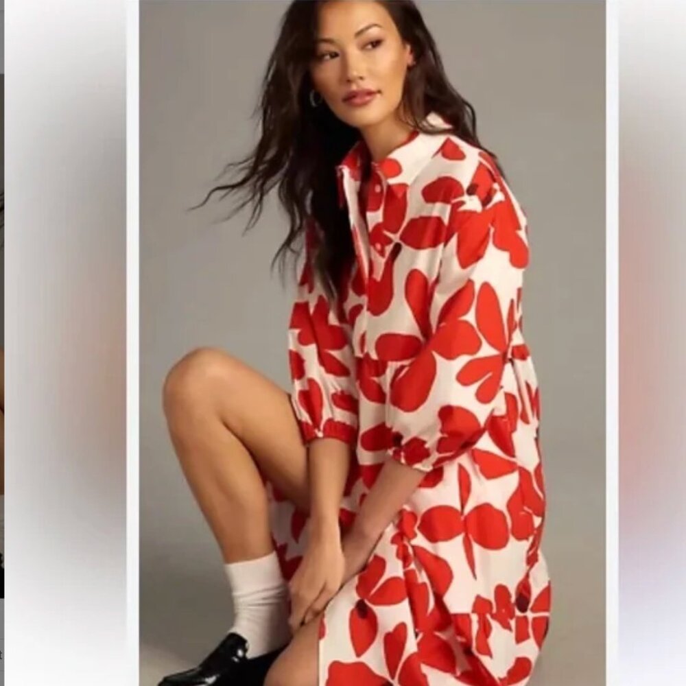 Maeve Anthropologie Bettina Midi Dress Tiered Buttondown Red Flowers SP - Picture 1 of 14